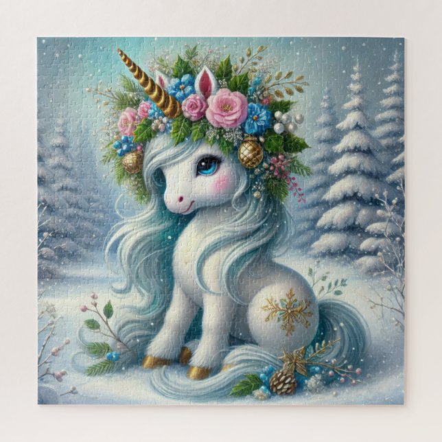 Quebra-cabeça unicórnio branco de Natal com buzina dourada (Vertical)