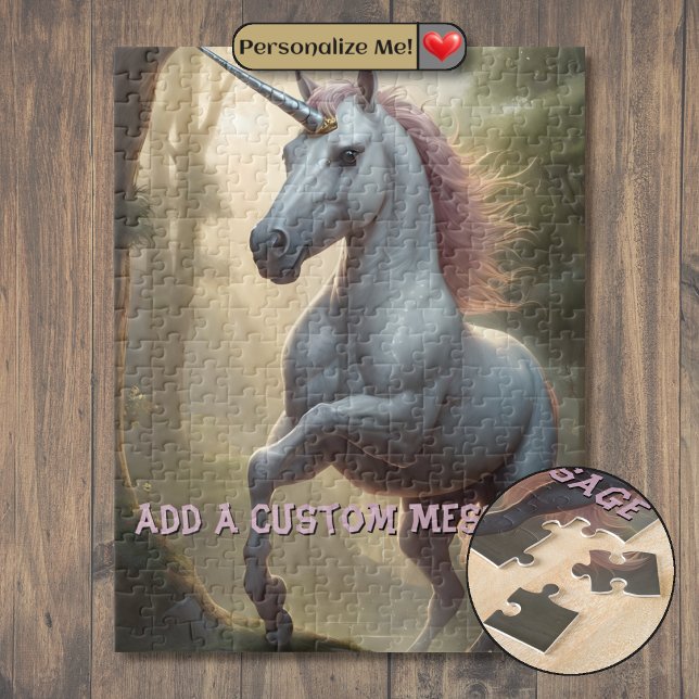 Quebra-cabeça Unicórnio Branco Personalizado na Floresta (Personalized White Unicorn in Forest Jigsaw Puzzle)