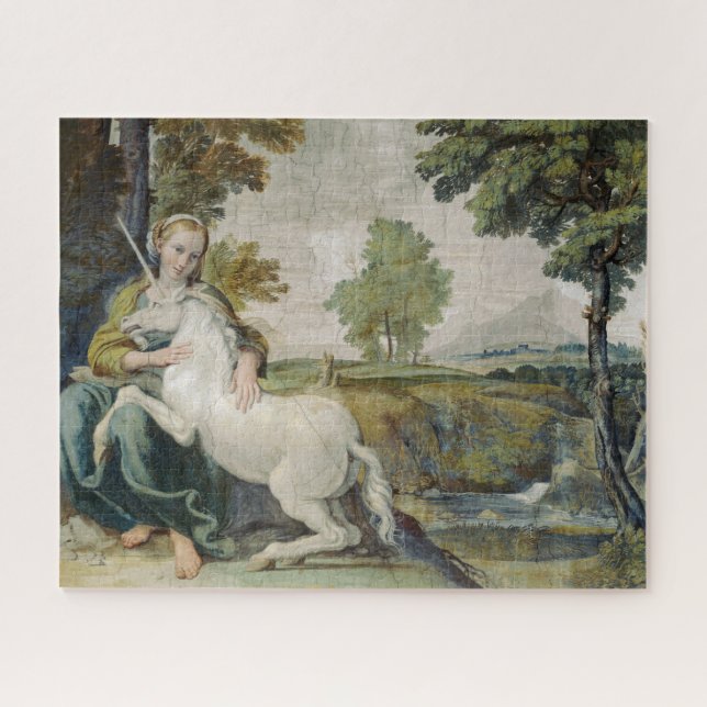 Quebra-cabeça Unicórnio e Jovem Mulher (por Domenichino) (Horizontal)