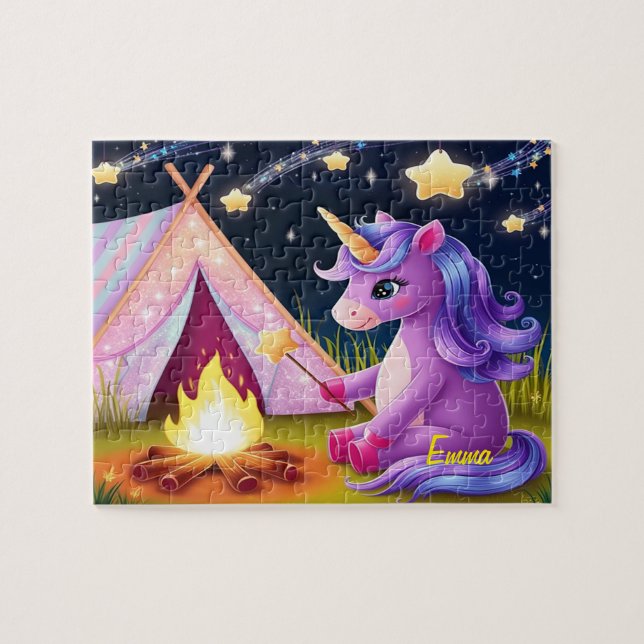 Quebra-cabeça Unicórnio Kawaii Acampando Sob o Céu Estrelado (Horizontal)