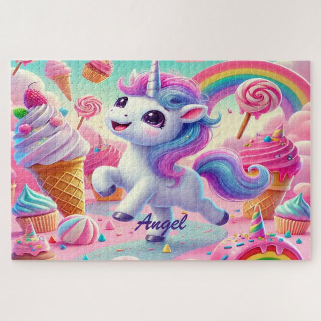 Quebra-cabeça Unicórnio Kawaii Fofo, Cupcakes, Arco-íris (Horizontal)