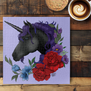 Quebra-cabeça Unicórnio Preto e Flores