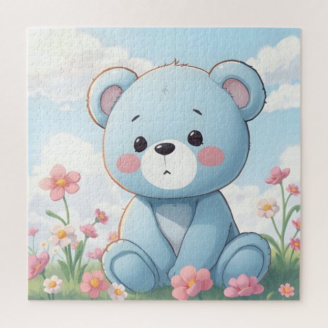 Quebra-cabeça Ursa de pelúcia azul fofa no jardim (Vertical)