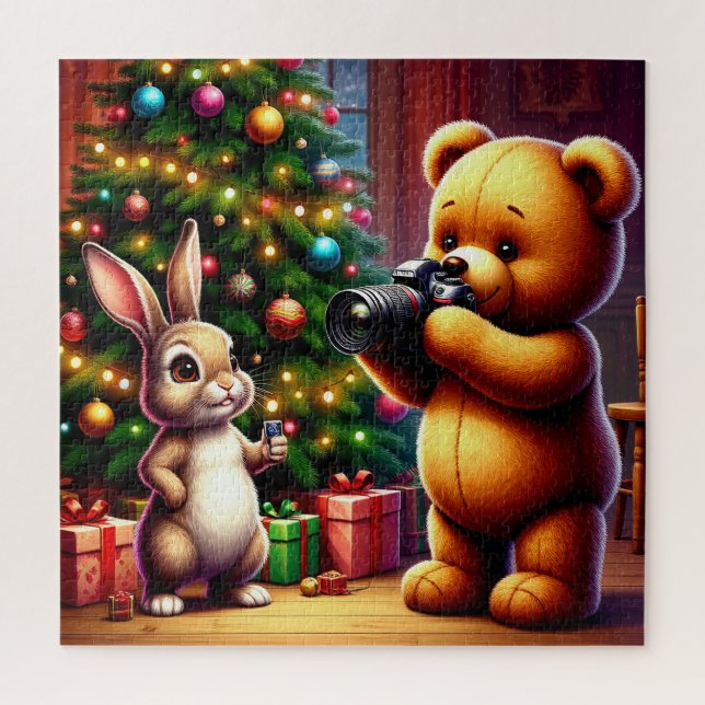 Quebra-cabeça Urso Adorável e Coelho Capturando o Natal (Vertical)