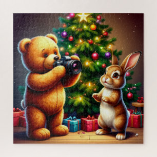 Quebra-cabeça Urso Adorável e Coelho Capturando o Natal