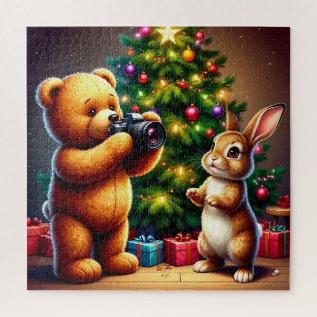 Quebra-cabeça Urso Adorável e Coelho Capturando o Natal (Vertical)