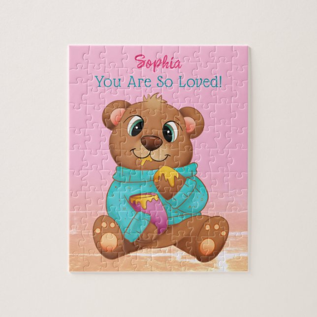Quebra-cabeça Urso Bonito Comendo Mel, Nome/Mensagem da Criança, (Vertical)
