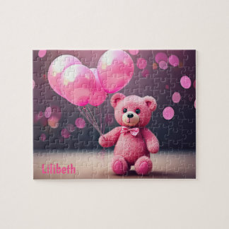Quebra-cabeça Urso de Balão de Aniversário em Rosa Personalizado