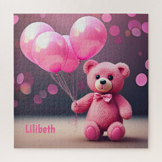 Quebra-cabeça Urso de Balão de Aniversário em Rosa Personalizado (Vertical)