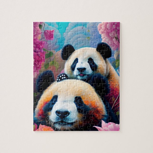 Quebra-cabeça Urso de Panda e Cubo com Flores (Vertical)
