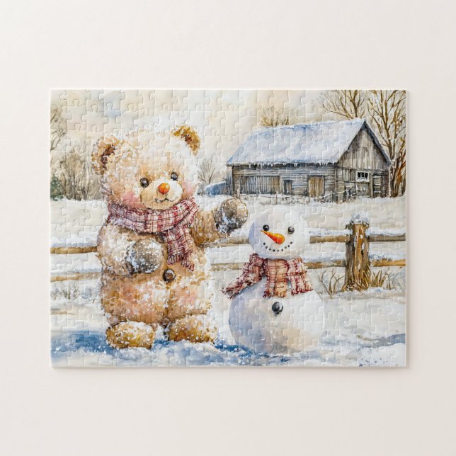 Quebra-cabeça Urso de Pelúcia Construindo um Boneco de Neve (Horizontal)