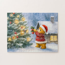 Quebra-cabeça Urso de Teddy Decorando uma Árvore de Natal em nev