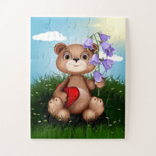Quebra-cabeça Urso de Teddy e Flores com Coração Vermelho