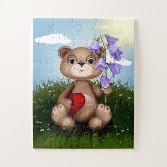 Quebra-cabeça Urso de Teddy e Flores com Coração Vermelho (Vertical)