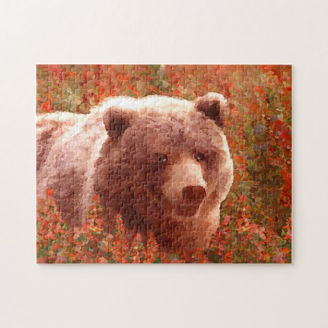 Quebra-cabeça Urso Grizzly na Pintura de Arte Selvagem com Algas (Horizontal)