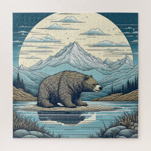Quebra-cabeça Urso, Montanhas, Lago, Lua Cheia, Arte Ai