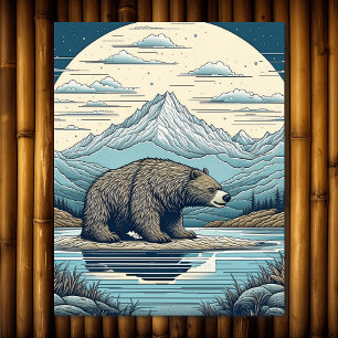 Quebra-cabeça Urso, Montanhas, Lago, Lua Cheia, Arte Ai