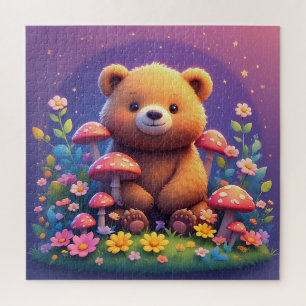 Quebra-cabeça Urso na Floresta Colorida Com Estrelas e Cogumelos