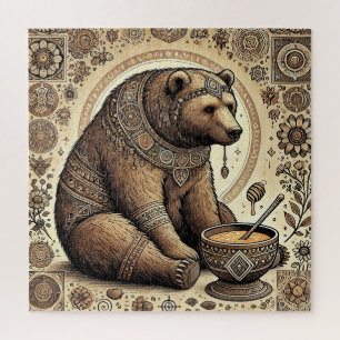 Quebra-cabeça Urso Ornamentado Cercado por Mandala e Mel