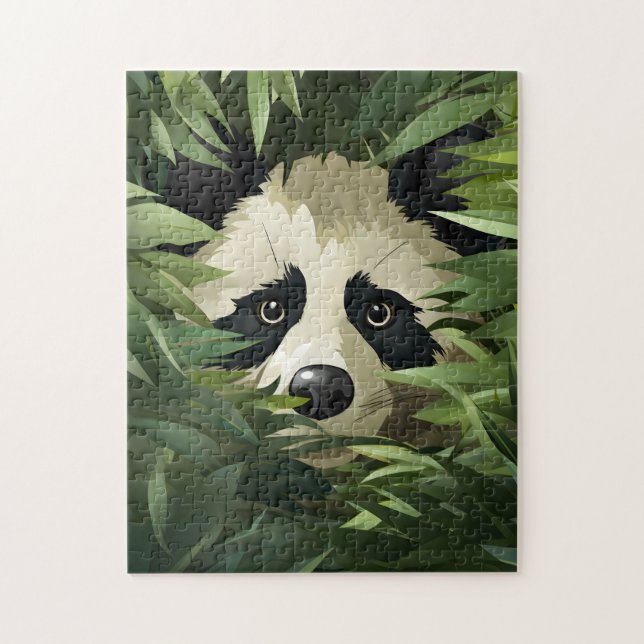Quebra-cabeça Urso panda bonito atrás das folhas de bambu (Vertical)
