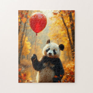 Quebra-cabeça Urso Panda com um balão vermelho no outono