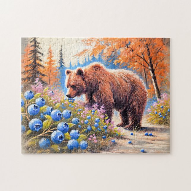 Quebra-cabeça Urso Pardo com Mirtilos Arte em Giz Pastel (Horizontal)