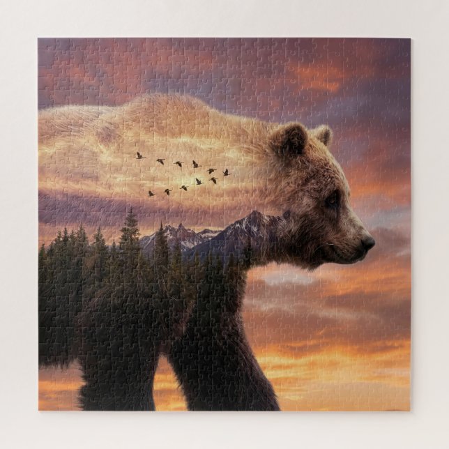 Quebra-cabeça Urso Pardo e Cena de Montanhas com Dupla Exposição (Vertical)