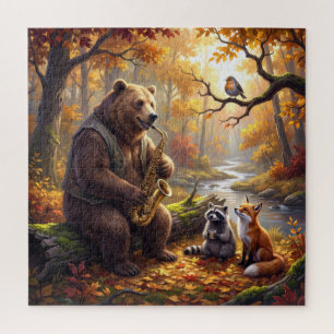 Quebra-cabeça Urso Tocando Saxofone na Floresta de Outono