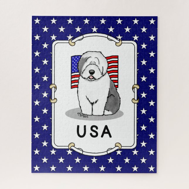 Quebra-cabeça US American Flag Old English Sheepdog (Cinza 1) (Vertical)