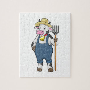 Quebra-cabeça Vaca como agricultor com Pitchfork