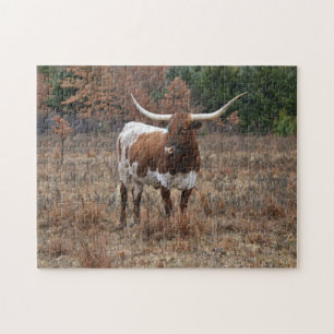 Quebra-cabeça Vaca do Texas Longhorn em outono Estilo de Fazenda