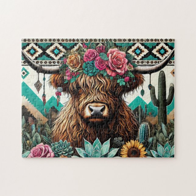 Quebra-cabeça Vaca Highland Boho Floral (Horizontal)
