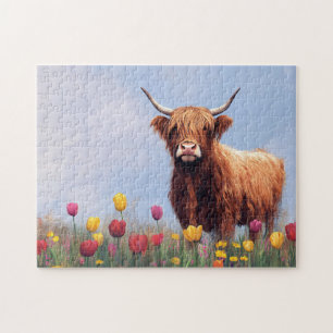 Quebra-cabeça Vaca Highland em um Campo de Tulipas