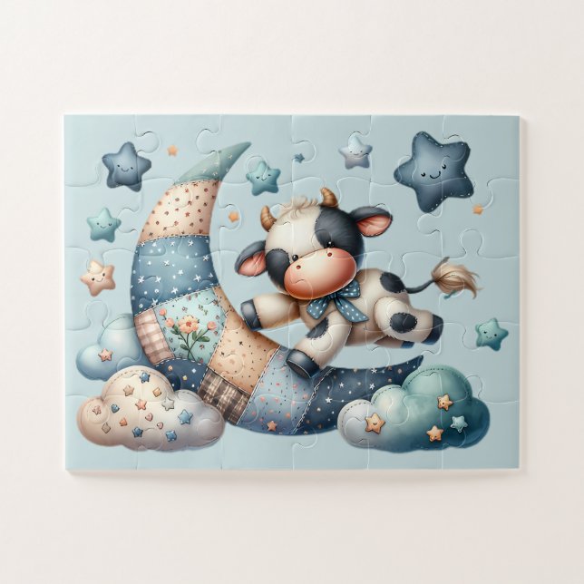 Quebra-cabeça Vaca Patchwork Fofa Sobre a Lua com Estrelas (Horizontal)