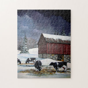 Quebra-cabeça Vacas de Holstein no Barnyard nevado: Pintura
