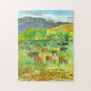 Quebra-cabeça Vacas, Pastas de Montanha, Aquarela