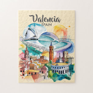 Quebra-cabeça Valência Espanha Paisagem Urbana Aquarela Viagem P