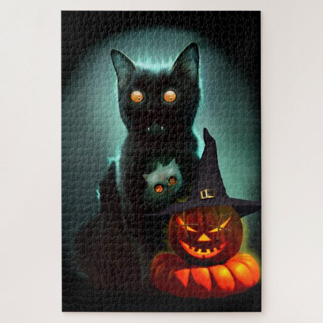 Quebra-cabeça Vampiro Gato e Mágico Pumpkin Halloween Surreal (Vertical)