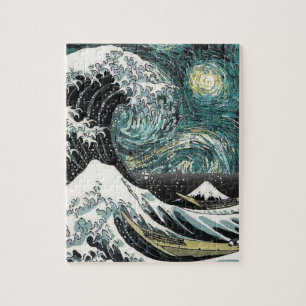 Quebra-cabeça Van Gogh a noite estrelado - Hokusai a grande onda