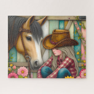 Quebra-cabeça Vaqueira Bonita Cavalos Flores