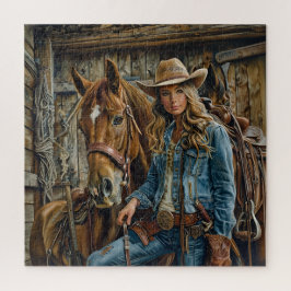 Quebra-cabeça Vaqueira Rústica em Denim com Cavalo Celeiro Ocide