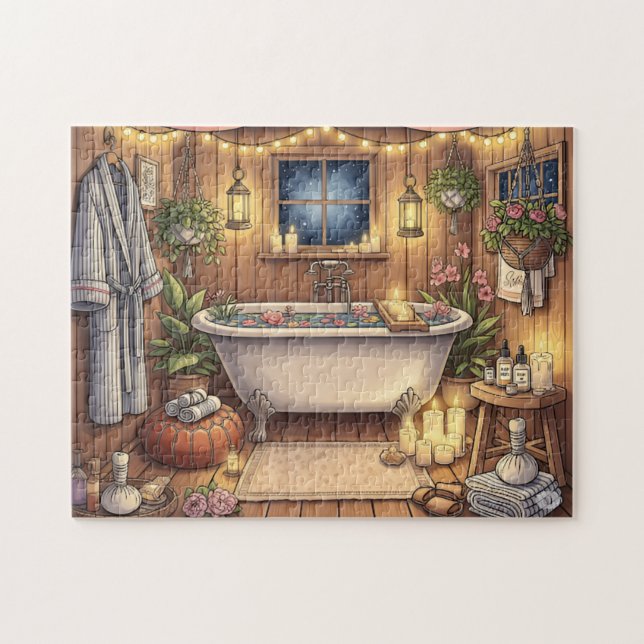 Quebra-cabeça Velas e Flores da Casa de Banho Rústica Noite Spa (Horizontal)