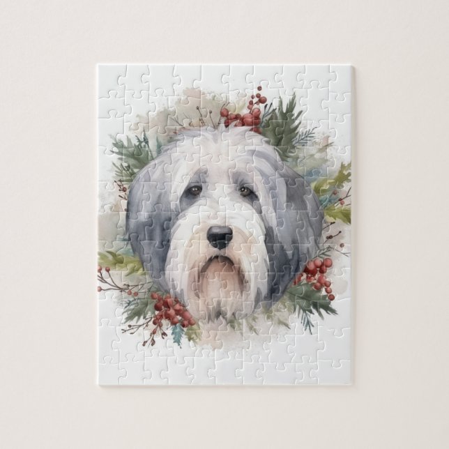 Quebra-cabeça Velha Inglês Sheepdog Christmas Wreath Festivo Pup (Vertical)