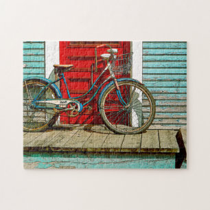Quebra-cabeça velho da foto da bicicleta com caix