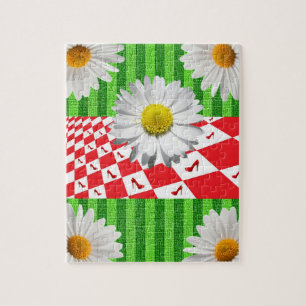 Quebra-cabeça verde, margarida branca, saltos verm