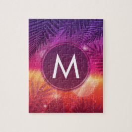 Quebra-cabeça Verões Sunset Palm Trees Monograma Laranja Roxo