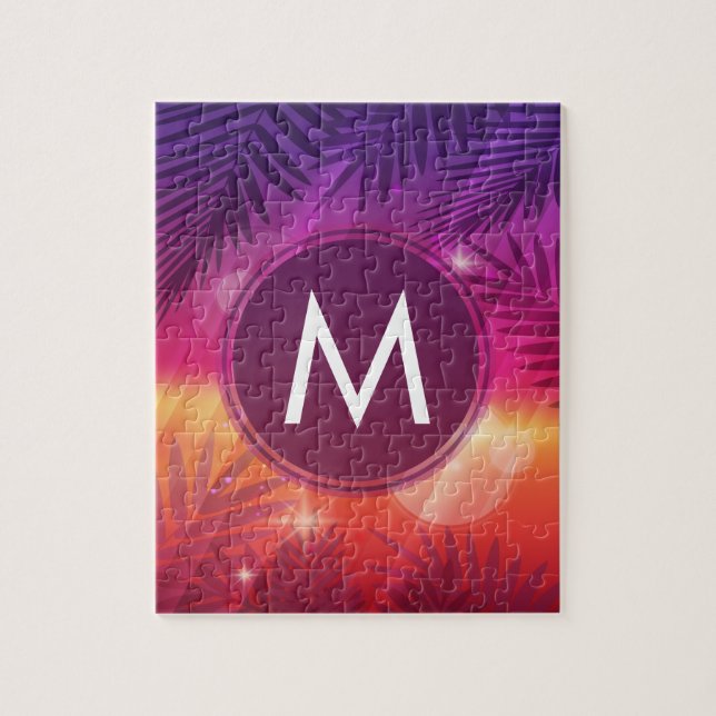 Quebra-cabeça Verões Sunset Palm Trees Monograma Laranja Roxo (Vertical)