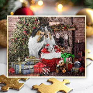Quebra-cabeça Véspera de Natal com a Família Collie Rough.