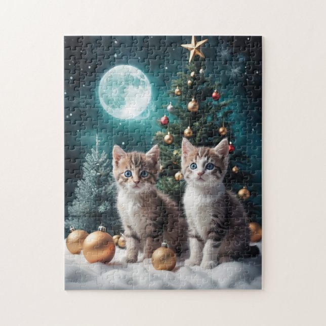 Quebra-cabeça Véspera de Natal mágica com Kittens por árvore (Vertical)