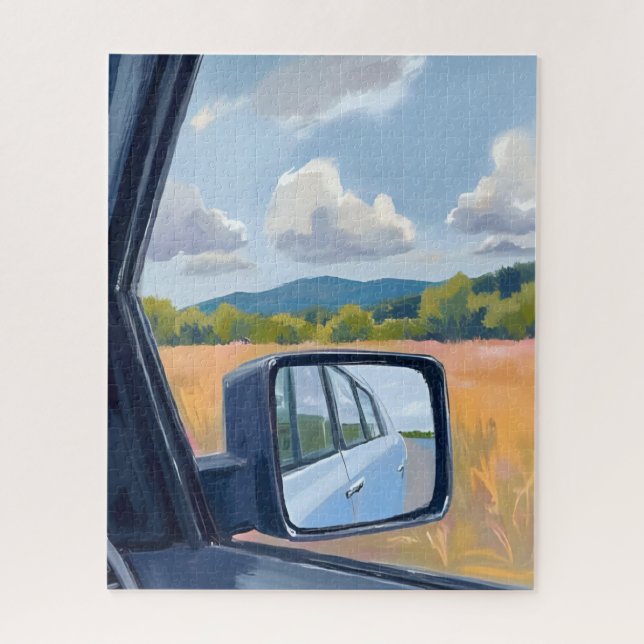 Quebra-cabeça Viagem de Carro | Espelho Retrovisor Aquarela Viag (Vertical)